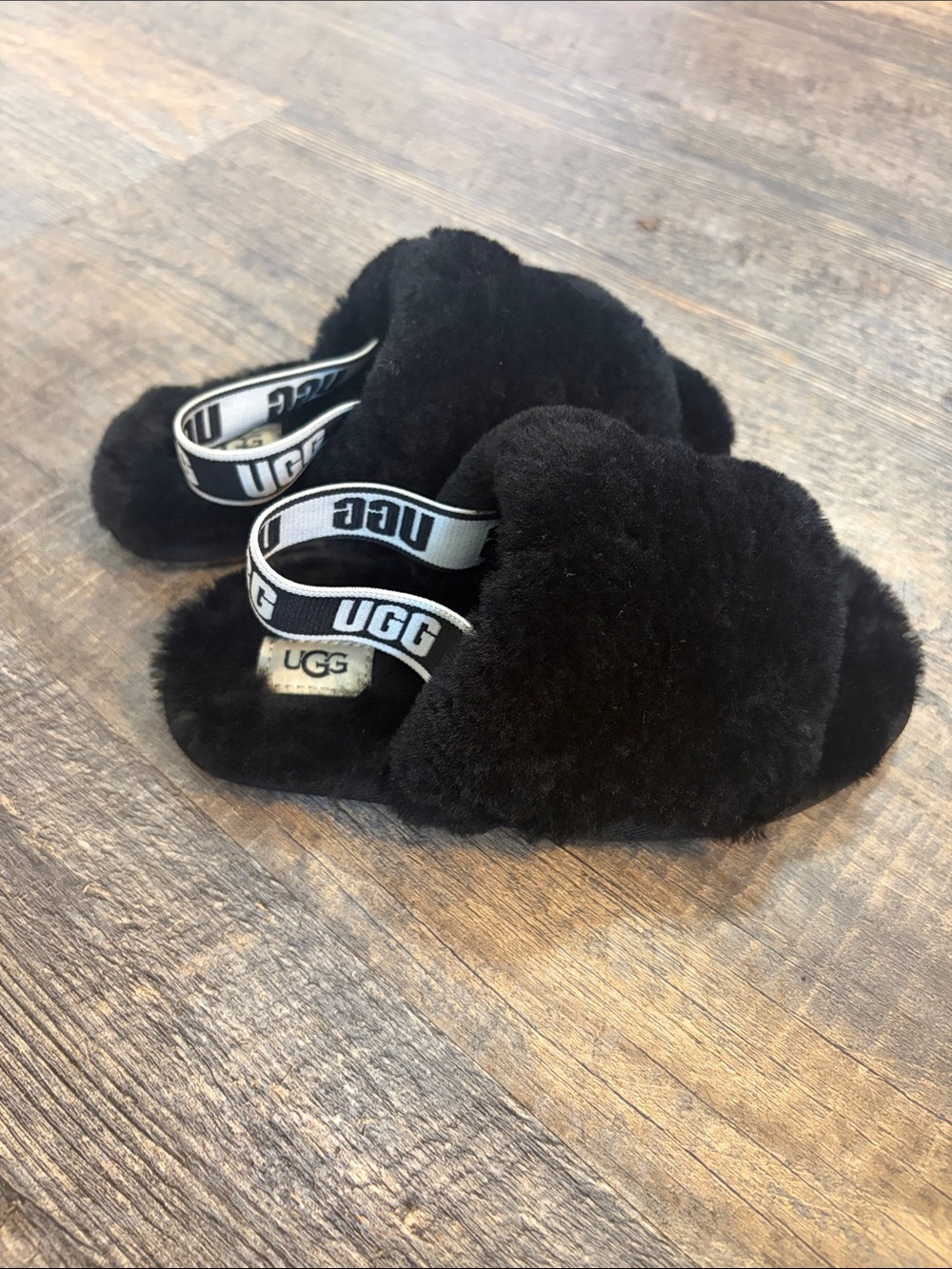 UGG Kids Black Fuzz Slide with Branded Elastic Strap